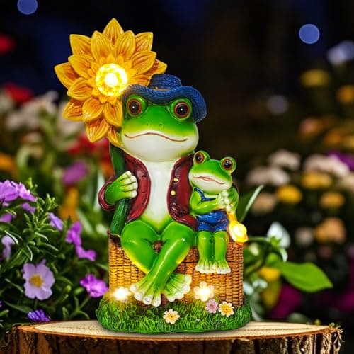 CFFOWNUG Outdoor Frog Garden Decor: 9'' Yard Decoration with Sunflower Light Funny Solar Frog Gifts for Women Mother's Day Housewarming Gift - Image 1