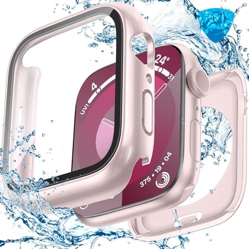 3 in 1 Goton Waterproof Hard Case for Apple Watch Screen Protector 41mm, 360° Slim Full Protective Tempered Glass Face Cover + Back Hard PC Bumper for iWatch Series 9/8/7, 41mm Pink - Image 1