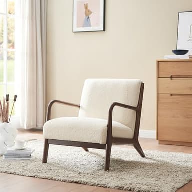 Mid-Century Modern Accent Chair with Cushions, Living Room Chair with Solid Wood Frame, Lounge Chair Chair for Living Room, Office, Bedroom, Lambswool White - Image 3