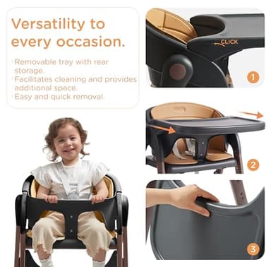 KUB High Chair for Babies and Toddlers Adjustable Foldable Convertible 5 Point Harness Easy Clean Wood-Printed Metal with Removable Tray Baby Highchair for Family (Black&Walnut Wood-Printed Metal) - Image 4