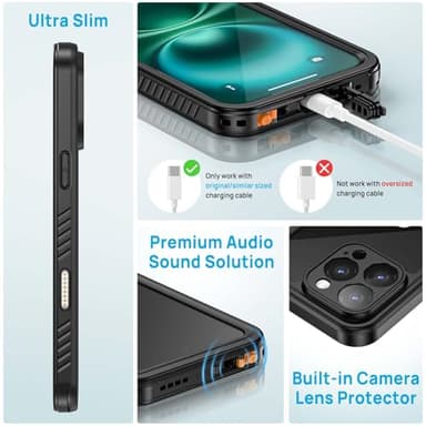 Lanhiem for iPhone 16 Pro Waterproof Case, Dustproof Case Built-in Screen Protector, Camera Protection, Full Body Heavy Duty Rugged Phone Cover for 16 Pro - 6.3 inch (Black/Clear) - Image 6