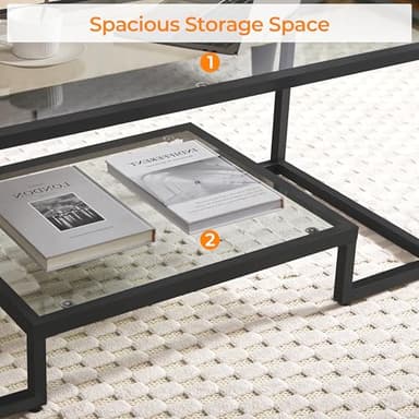 Yaheetech Coffee Table, Tempered Glass Coffee Table, Modern Simple Center Tables w/Geometric-Inspired Design & Metal-Frame & Easy Assembly & Open Storage Shelf for Living Room, Office, Black - Image 6