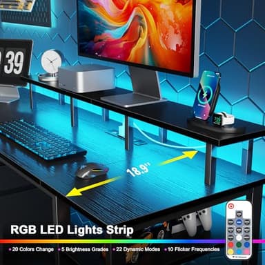 Furologee 61" Gaming Desk with Power Outlets & LED Lights, Reversible Computer Desk with File Cabinet & Monitor Stand for Home Office, Large Work Table with Storage Shelves & Drawer, Black - Image 3