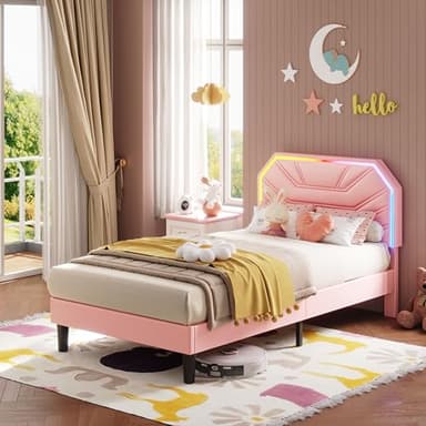 LIKIMIO Twin Bed Frames with LED Light Headboard, Upholstered Modern Cama Twin Platform Bed Frame with Heavy Duty Supports, No Box Spring Need, Noise Free, Easy Assembly, Pink - Image 9