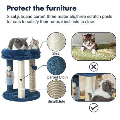 MECOOL Cat Scratching Post Tree with Tower Soft Bed.Natural Quality Sisal Carpet Jute Scratch Posts with Three Hanging Ball Toys and Massage Brush for Indoor Cats and Kittens Blue - Image 3