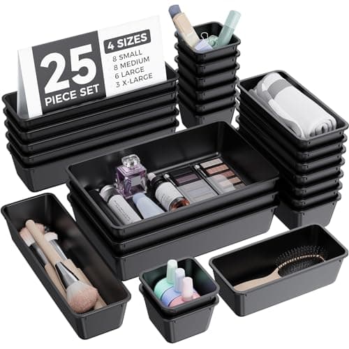 BiuLeon 25 PCS Plastic Drawer Organizers Set, 4-Sizes Vanity and Makeup Organizer, Desk and bathroom Drawer Organizer Trays, Organizers and Storage for Makeup, Jewelry, Gadgets, Utensils (Black) - Image 1