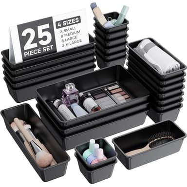 BiuLeon 25 PCS Plastic Drawer Organizers Set, 4-Sizes Vanity and Makeup Organizer, Desk and bathroom Drawer Organizer Trays, Organizers and Storage for Makeup, Jewelry, Gadgets, Utensils (Black) - Image 1