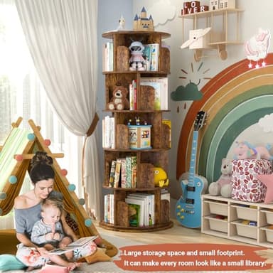 Besiost Rotating Bookshelf Tower, 5 Tier Spinning Bookcase, Revolving 360 Book Shelf Narrow Tall Bookcase, Vertical Turning Round Bookshelf Organizer, Corner Book Shelf for Small Space, Rustic Brown - Image 4