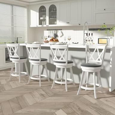 Betterhood 24" Counter Height Swivel Bar Stools - High Back Swivel Counter Stools with Upholstered Seat & Solid Wood Footrest, Counter Bar Chairs for Kitchen Island & Pub (Antique White, Set of 2) - Image 3