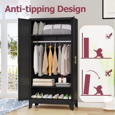 GAIOUS Metal Wardrobe Cabinet with Hanging Rod, 71" Metal Clothing Storage Cabinets with 2 Doors and Adjustable Shelves, Black Armoire Wardrobe Closet for Bedroom, Laundry Room, Cloak Room - Image 9