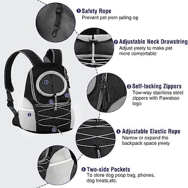 Pawaboo Pet Dog Carrier Backpack, Puppy Dog Travel Front Carrier for Small Medium Dogs Cats, Adjustable Breathable Dog Carrying Backpack with Safety Strips for Hiking, Walking (Black M Up to 10 lbs) - Image 6