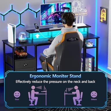 Furologee 61" Gaming Desk with Power Outlets & LED Lights, Reversible Computer Desk with File Cabinet & Monitor Stand for Home Office, Large Work Table with Storage Shelves & Drawer, Black - Image 7