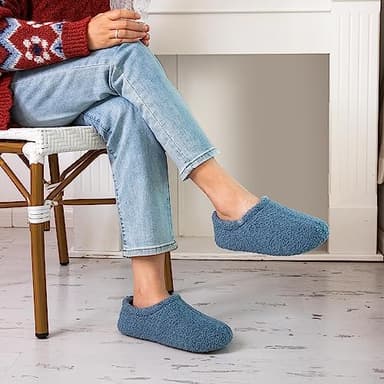 HomeTop Women's Fuzzy Curly Fur Memory Foam Loafer Slippers Bedroom House Shoes with Polar Fleece Lining (9-10, Cerulean) - Image 2