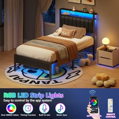 Furnulem Twin Size Bed Frame with Charging Station and LED Lights, Platform Bed with Metal Slats, Grey Upholstered Headboard with 2-Tier Storage Shelves, No Box Spring Needed - Image 4