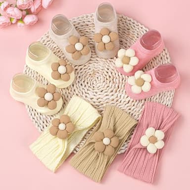 COZYOFFI Baby Flower Headband and Socks: Cute Headband and Socks Sets for Toddler Newborn Infant Girl Pink Khaki Beige - Image 4