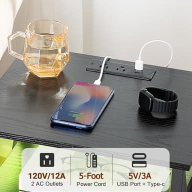 AMHANCIBLE Night Stand Set 2, LED Nightstand with Charging Station, End Side Tables with USB Port & Outlet, Bedside Table with Fabric Drawers for Bedroom Living Room, Black, HET053LBK - Image 5