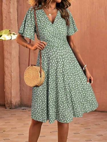 FENSACE Women's Casual Dresses Fit and Flare Green Floral Dress(Floral-32,Large) - Image 2