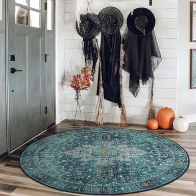 Moynesa Ultra-Thin Washable Round Rug - 4ft Oriental Circle Area Rugs for Bedroom Entryway, Teal Vintage Non Slip Non Shedding Low Pile Carpet for Living Room Coffee Table Kitchen - Image 3