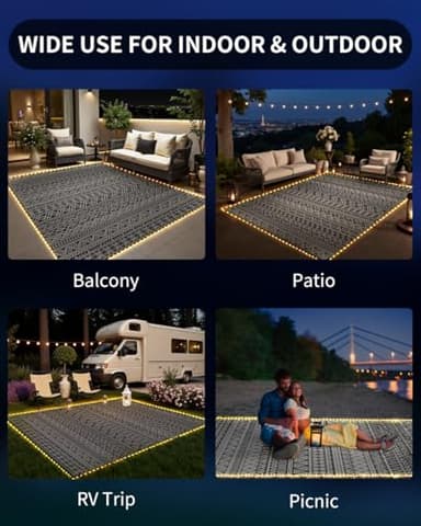 MontVoo-Outdoor Rug Carpet 8x10 ft for Patio RV Camping with Led Strip Lights Waterproof Plastic Straw Rug Reversible Portable Outside Indoor Outdoor Rug Mat for Patio Decor Balcony Picnic-Boho Rug - Image 6