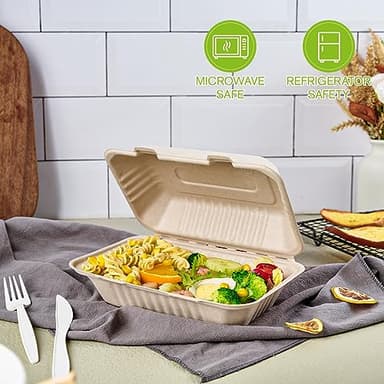 ECOLipak 75 Pack Clamshell Take Out Food Containers, 100% Compostable To Go Containers Disposable, 9X6 inch Heavy-Duty To Go Boxes, Eco-Friendly Biodegradable To Go Containers For Food - Image 3