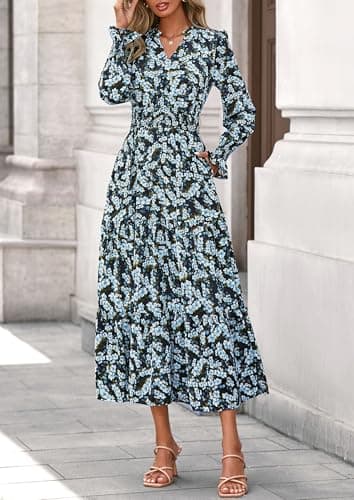 PRETTYGARDEN Women's Floral Maxi Dress 2025 Fall Long Sleeve V Neck Casual A Line Long Flowy Boho Party Dresses (Floral Blue Yellow,Medium) - Image 3