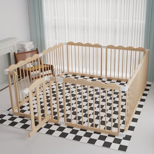 Baby Playpen, Wooden Playpen for Babies and Toddlers, Large Adjustable Wooden Baby Playard with Locking Gate, Easy to Assemble, Portable Play Pen, Infant Play Pen Play Area(62x70x24 Inch) - Image 1