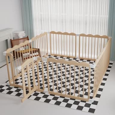 Baby Playpen, Wooden Playpen for Babies and Toddlers, Large Adjustable Wooden Baby Playard with Locking Gate, Easy to Assemble, Portable Play Pen, Infant Play Pen Play Area(62x70x24 Inch) - Image 1