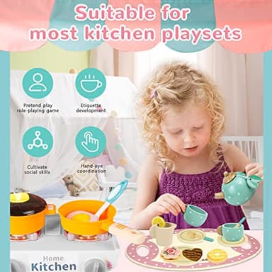 Wooden Tea Set for Little Girls Play Food Pretend Play Kitchen Accessories for 3 4 5 Years Old Girls and Boys Toddler Princess Tea Time Party Food Toys - Image 4