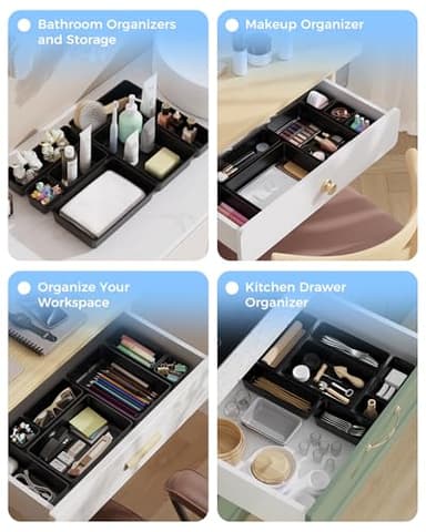 BiuLeon 25 PCS Plastic Drawer Organizers Set, 4-Sizes Vanity and Makeup Organizer, Desk and bathroom Drawer Organizer Trays, Organizers and Storage for Makeup, Jewelry, Gadgets, Utensils (Black) - Image 7