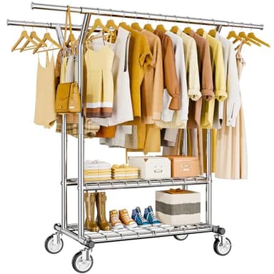 HYSEYY Heavy Duty Clothes Rack, Rolling Clothing Rack With Shelves Load 620 LBS, Double Rod Clothing Racks for Hanging Clothes, Portable& Adjustable Clothes Rack with Wheels Garment Rack - Image 1