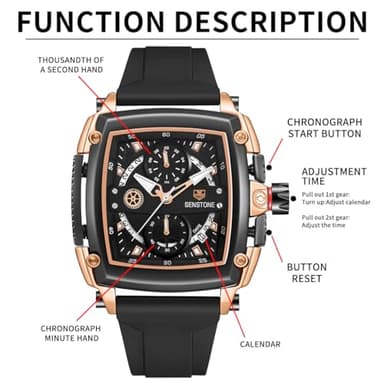 senstone Mens Watch Square Fashion Sports Multifunction Chronograph Quartz Analog Wristwatch Gift for Men Rubber Band Silicone Strap Watches - Rose Gold - Image 2