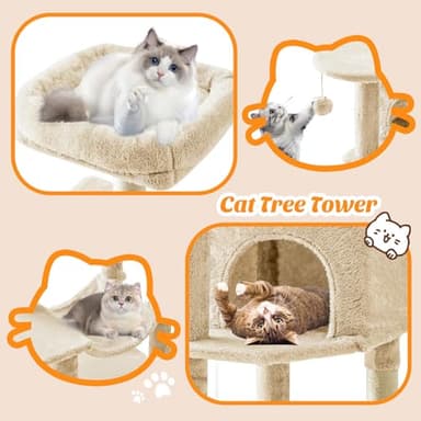 Sweetcrispy 44 inch Cat Tree Tower, Multi-Cat Climbing Tower with Condo, Natural Sisal Scratching Posts, Extended Platform, Hammock, Pet House for Indoor Cats and Kittens Play, Beige - Image 6