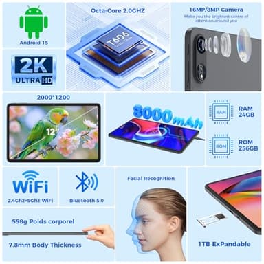 Android 15 Tablets 12 inch, 24GB(8+16)RAM+256 Storage(Expand to 1TB), Android Tablet with Keyboard, Octa-Core, 2K 2000x1200 Display, 16MP Dual Camera, 8000mAh, 5G WiFi,GPS,Bluetooth 5.0(Black Case) - Image 3