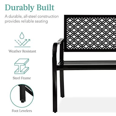 Best Choice Products Outdoor Bench 2-Person Metal Steel Benches Furniture for Garden, Patio, Porch, Entryway w/Geometric Backrest, 790lb Capacity – Black - Image 3