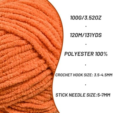 Plush Chenille Chunky Crochet Yarn - Baby Yarn for Crocheting Soft - Velvet Yarns Knitting for Blankets Crafts - Fluffy Amigurumi Yarns 100g / 131yd (Orange) - Image 2