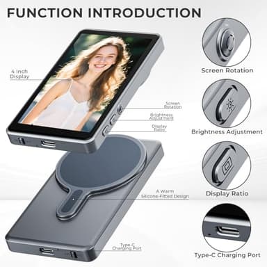 Wireless Selfie Monitor Screen for iPhone & Android, 1800mAh Magnetic Phone Vlog Selfie Screen with Bluetooth Remote, 3-Level Brightness, Wireless Mirroring for Back Camera TikTok Live No Delay Grey - Image 6