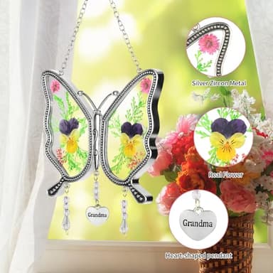Gifts for Grandma Butterfly Suncatcher with Real Flowers Handmade Butterfly Wind Chime Gift for Grandma Nana Unique Birthday Gifts for Nana Hanging Ornament for Wall Window Garden - Image 4