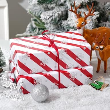 Cuitpan White Christmas Wrapping Paper Bundle for Kids Adults - Reindeer, Stripes, Woodlands, Snowflake, Red Truck Winter Scene Designs - 28 x 40 Inches, 6 Jumbo Sheets, Recycled - Image 6