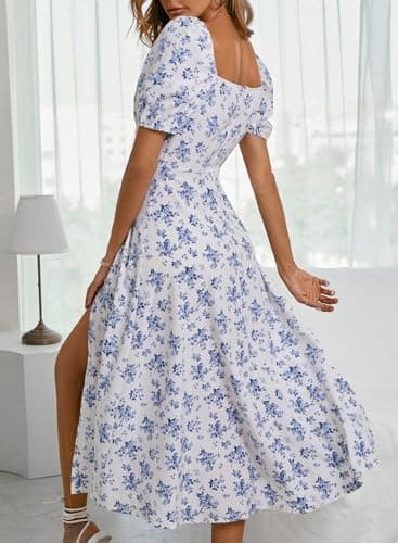 BLENCOT Casual Womens Summer Short Sleeve Square Neck Split Thigh Dress Boho Floral Print Tie Front Ruched Midi Dresses AP120White Large Size - Image 3