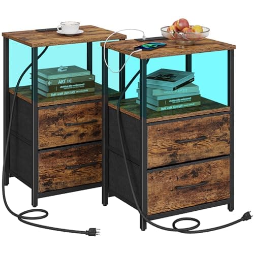 TUTOTAK LED End Table with Charging Station, Nightstand with Cloth Drawer, Side Table with 1 USB Port and 1 Type-C Port, Set of 2, Couch Table, Brown TB01BB052L - Image 1