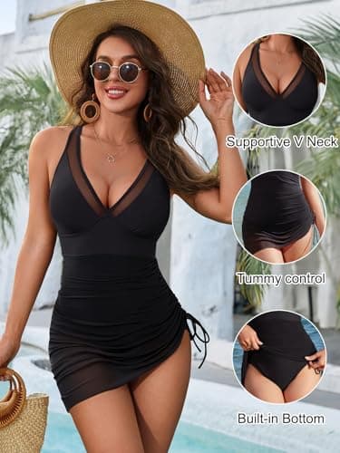 Blooming Jelly Women One Piece Swim Dress Tummy Control Swimsuits Modest Mesh Sheer V Neck Swimdress (M, Black) - Image 2
