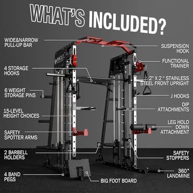 Mikolo Smith Machine, 2200lbs Squat Rack with LAT-Pull Down System & Cable Crossover Machine, Training Equipment with Leg Hold-Down Attachment - Image 6