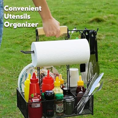 NOLIES Stainless Steel Grill Caddy Organizer, Kitchen Organization, Outdoor Grill With Hanging Hooks and Handle, Condiment & BBQ utensils, Picnic, Grill Camping Accessories Paper Towel Cleaning Caddy - Image 2