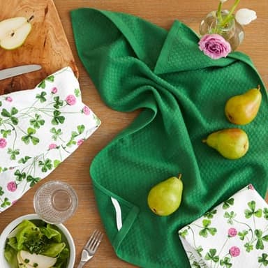 Martha Stewart Clover Meadow Kitchen Towel Set 3-Pack, Absorbent 100% Cotton, St. Patrick's Day, White/Green, 13"x17.5" - Image 2