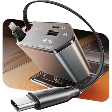 GUSGU 100W Retractable Car Charger, 4-in-1 Fast Car Phone Charger Featuring a 2.6ft Retractable Cord, with Lightning and USB-C Cable Car Charger Adapters, Compatible All Other Phone Models (Silver) - Image 1