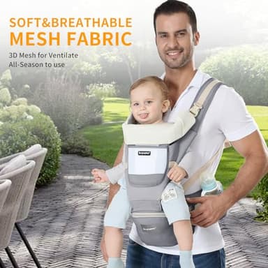 KIYUMI Baby Carrier with Hip Seat, 6- in-1 Baby Carrier Newborn to Toddler, Ergonomic M Position, Head Support and Breathable Mesh,Adjustable Removable Baby Sling Carrier (7-45 lbs), Grey - Image 7