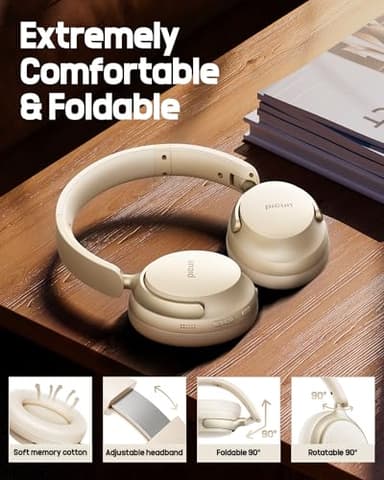 Picun NC60 Hybrid Active Noise Cancelling Headphones, Foldable Wireless Over Ear Bluetooth 5.4 Headphones, 80H Playtime, Transparency Mode, Stereo Bass, Custom EQ via App for Travel Home Khaki White - Image 5