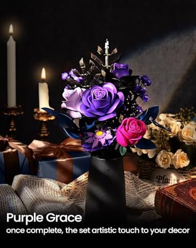 iATOM Purple Rose Bouquet Building Set, Compatible with Lego Flowers for Adults - Halloween Botanical Collection - Gothic Artificial Flowers Home Decor - IA11004 - Image 6