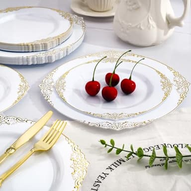 Realluck 350 PCS White and Gold Plastic Plates, Plastic Dinnerware Set for 50 Guests, 100 Disposable Plates, 150 Silverwares, 50 Cups, 50 Napkins for Party, Wedding, Graduation - Image 5