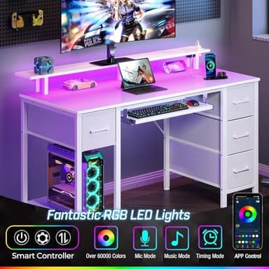 Seventable White Computer Desk with Drawers, Gaming Desk with Keyboard Tray, Office Desk with LED Lights & Power Outlets, 47 inch Writing Desk with Monitor Stand for Small Space - Image 4